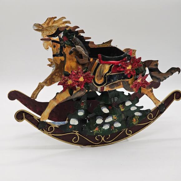 Vintage Metal Rocking Horse Carriage Planter w Poinsettia Accents Holiday Decor - Picture 9 of 10